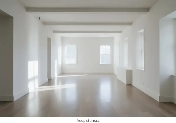 Bright and spacious empty room with white walls and wooden floor