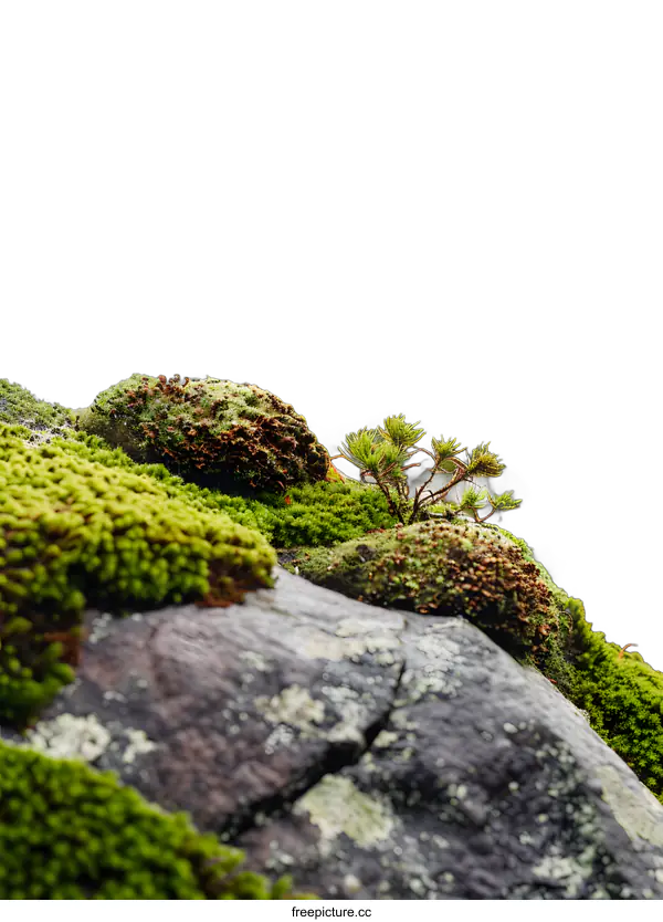 [Transparent Background PNG]Green Moss and Rock With Blurred Pine Tree Background