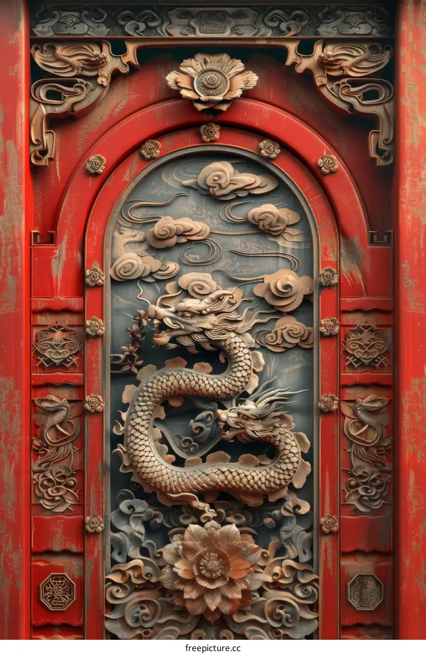 Intricate Chinese Dragon Carvings on a Red Door