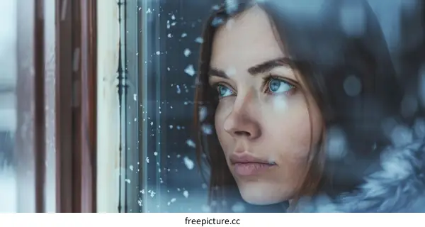 Young woman looking out the window on a snowy day