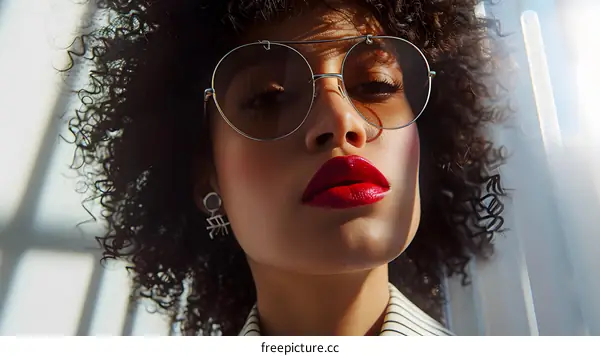 Close Up Portrait of a Woman With Curly Hair Wearing Round Sunglasses and Red Lipstick