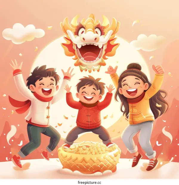 Three happy children jumping in front of a dragon during the Lantern Festival