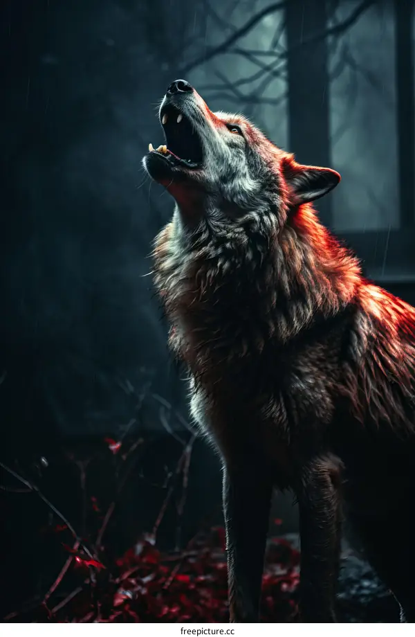 A lone wolf howls in the dark forest