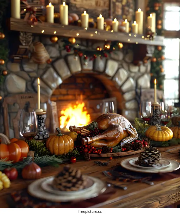 Thanksgiving dinner table by the fireplace