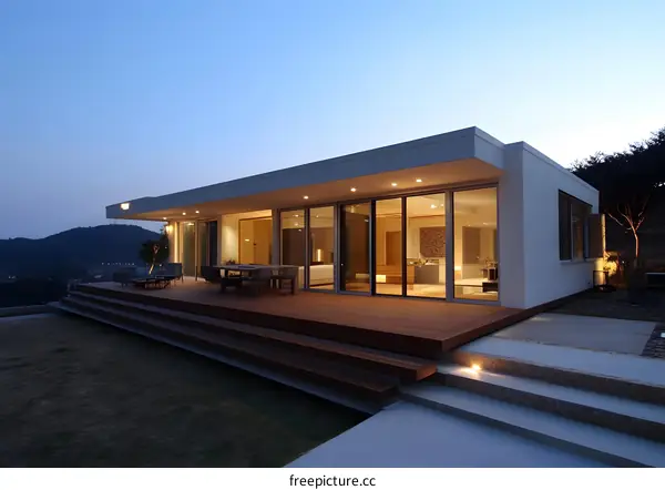 Modern Home Design with Large Glass Windows and a Deck