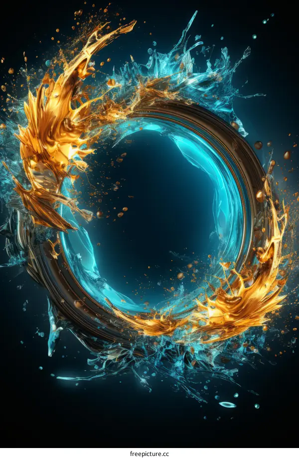 Abstract 3D rendering of a liquid gold and blue sphere