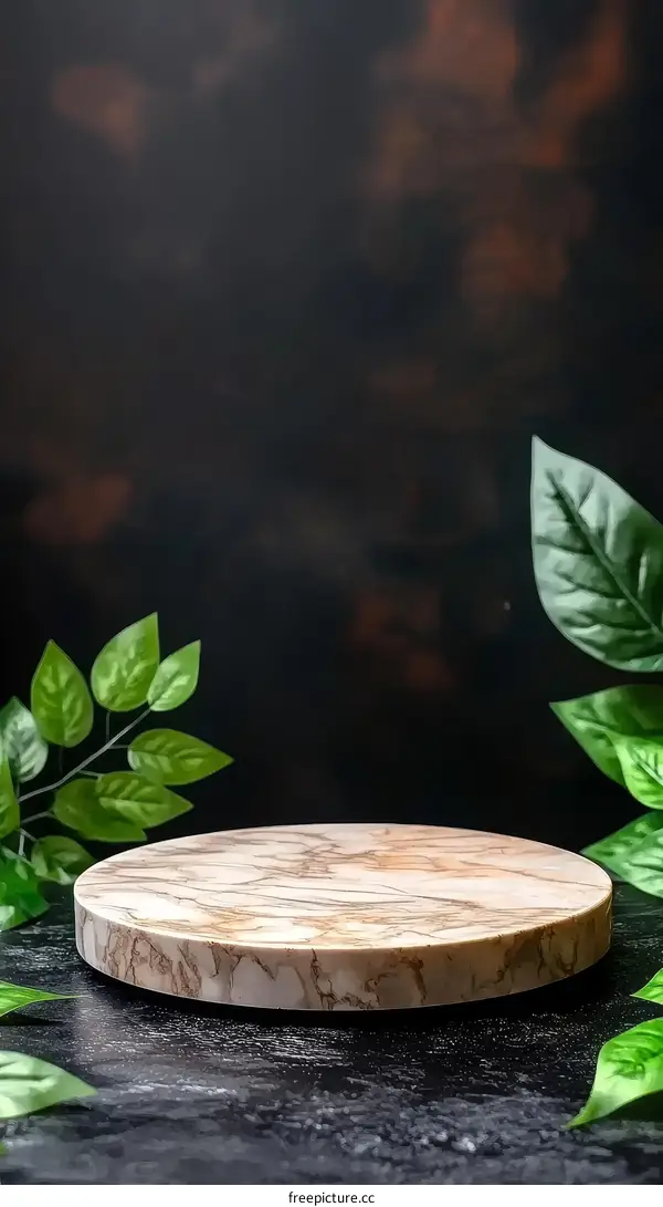 Beige Marble Round Display Platform with Green Leaves