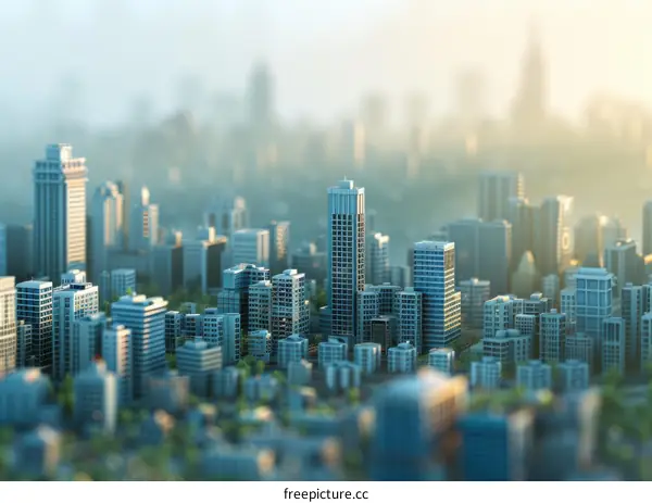 Miniature city model with blue and gray buildings and blurred background