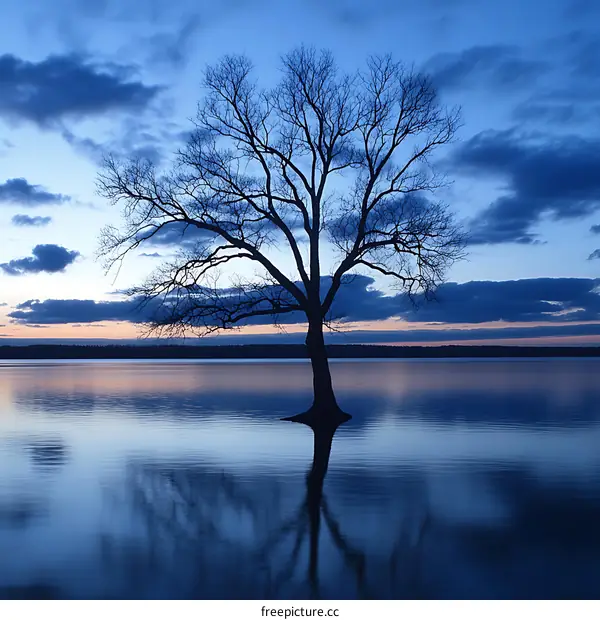Silhouette of Tree Standing Alone in a Lake at Dusk