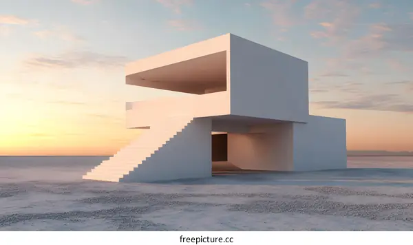 Modern Minimalist Concrete House with Steps and Sunset Sky