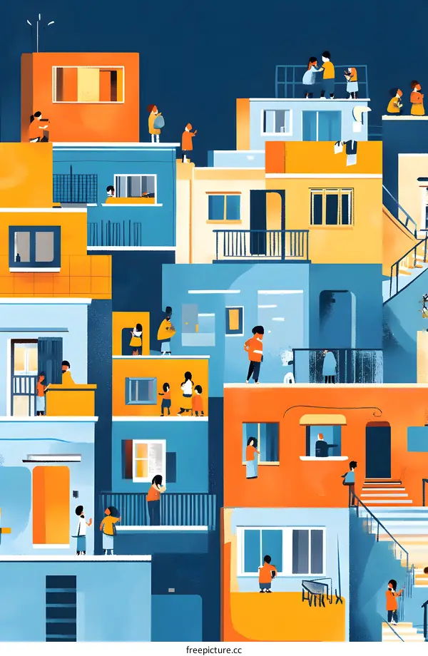 Colorful Buildings with People on Balconies Illustration