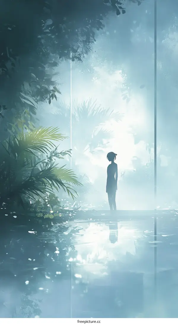 Silhouette Figure in a Misty Greenhouse