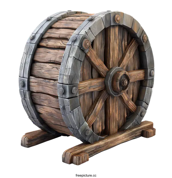 [Transparent Background PNG]Wooden Water Wheel on White Background