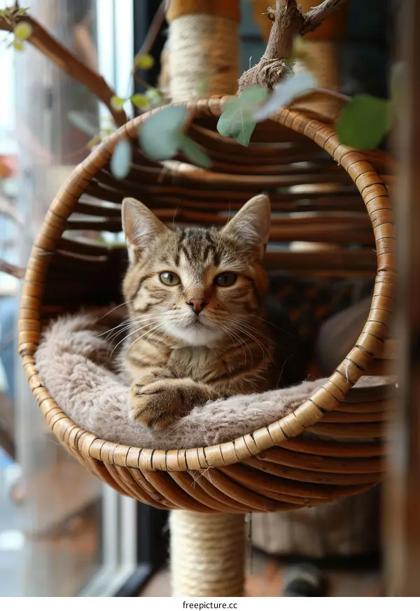 A cute tabby cat is sitting in a wicker basket and looking at the camera