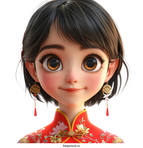 3D illustration of a young Chinese woman in traditional red dress