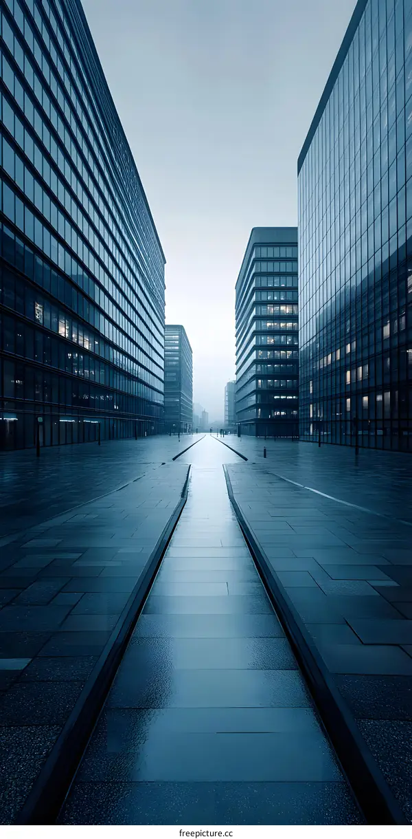 Modern Architecture Street with Reflective Waterway