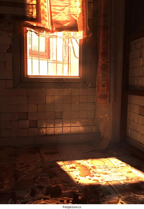 Sunlight Through Window in Old Tile Room