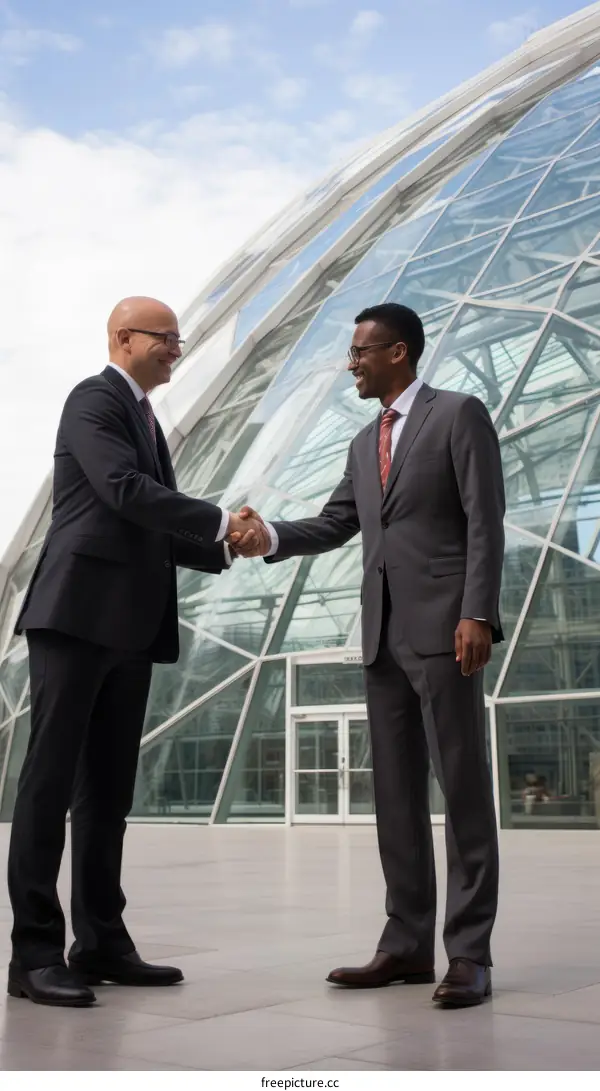 Two businessmen shaking hands in front of a modern building