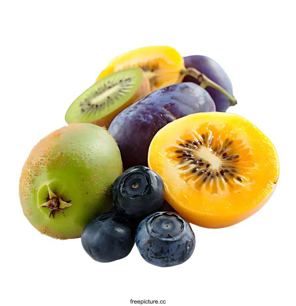 [Transparent Background PNG]Fresh Kiwi, Plum and Blueberry Fruit