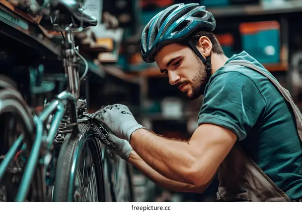Bicycle Mechanic Repairing Bike in Workshop