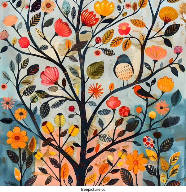 Abstract Art Painting with Colorful Flowers and Birds