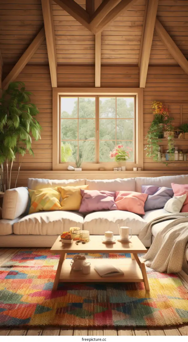Cozy living room interior with large windows and a comfortable sofa