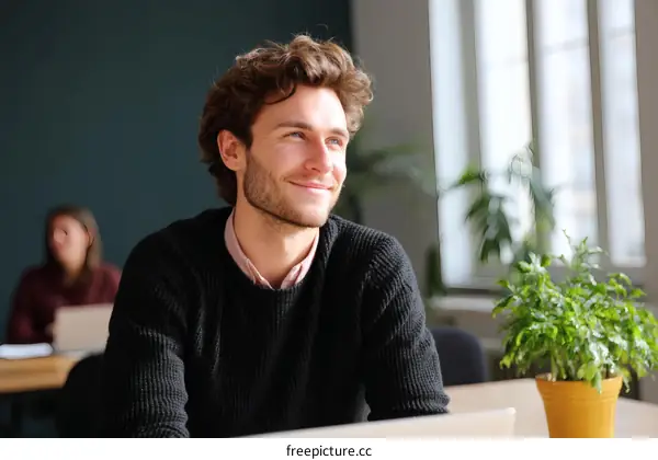 Young Man Contemplating in Modern Office
