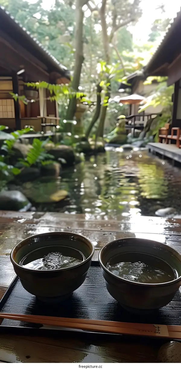 Two cups of tea on a wooden table in a Japanese garden