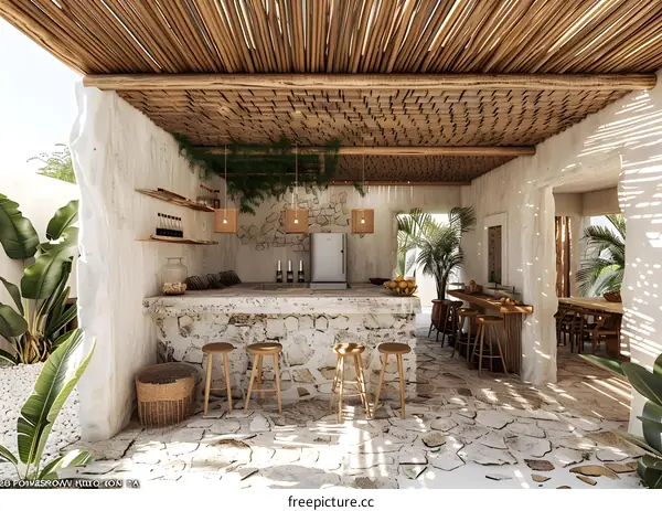 Rustic bar counter and dining area with natural materials