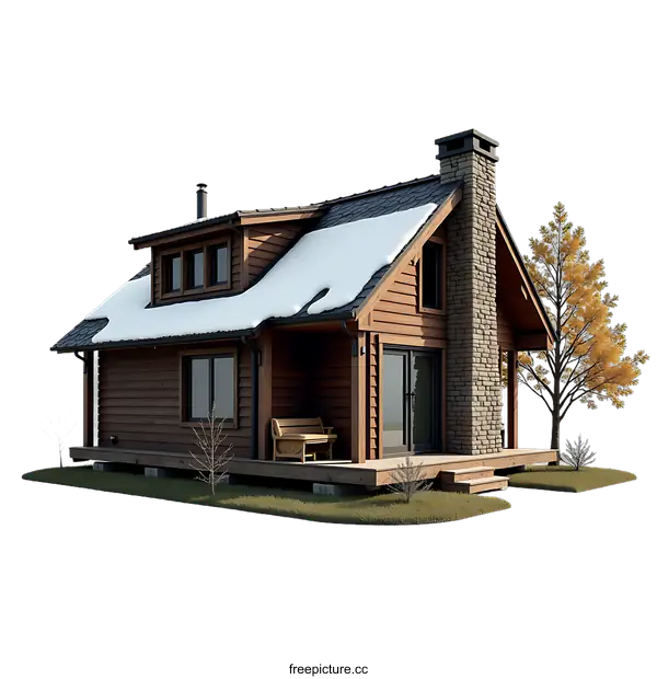 [Transparent Background PNG]Wooden Cabin with Snow Covered Roof in Winter