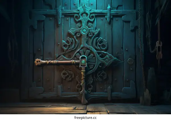 Fantasy illustration of a wooden door with a green gem in the center