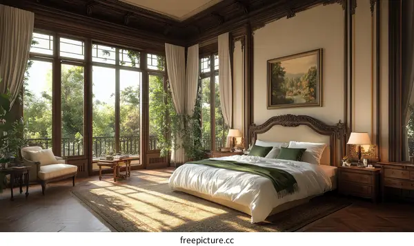 Elegant Wooden Bedroom with Lush Garden View