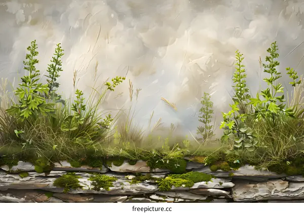 Green Foliage and Mossy Stone Wall Background