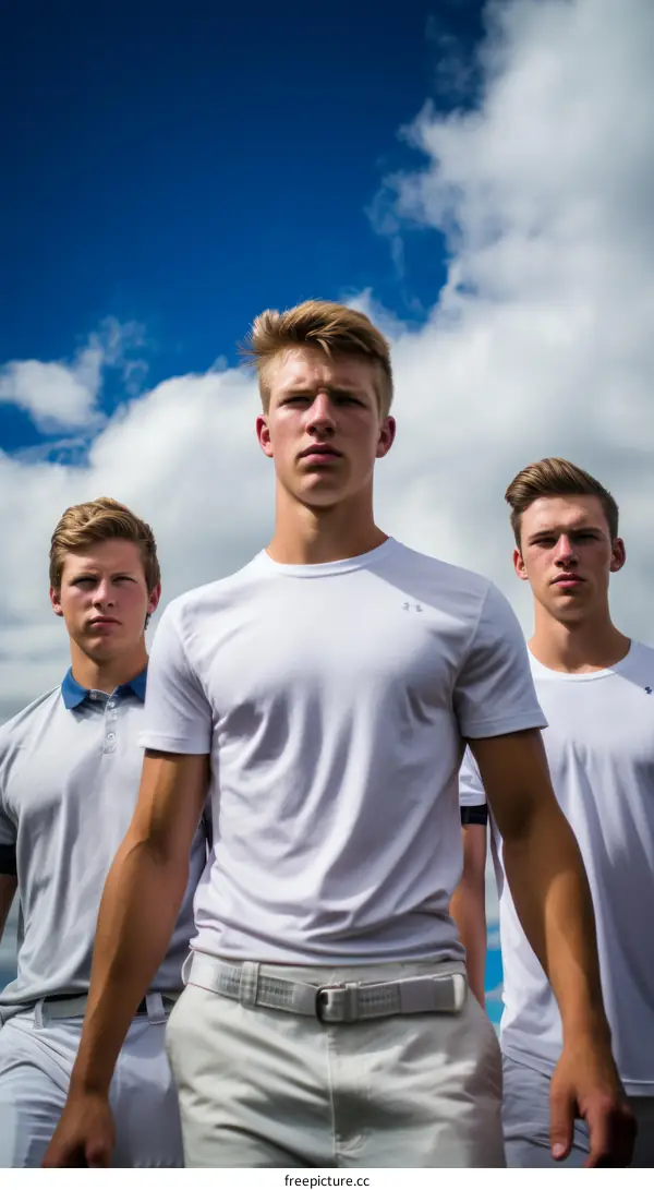 Three young male models in white shirts and khaki pants stand in a field, looking at the camera.
