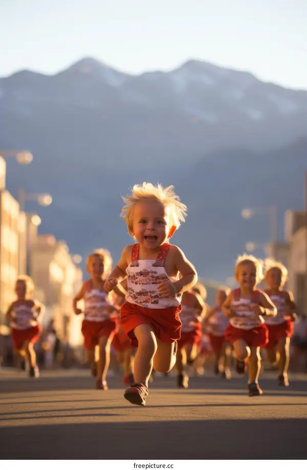 Ecstatic children dash forward in a footrace against the backdrop of a majestic mountain range