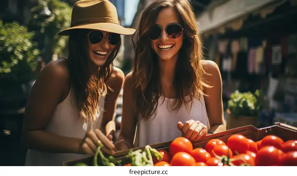 Two young women shopping for fresh produce at a farmer's market