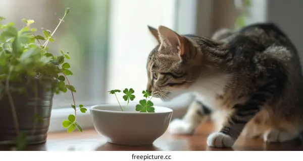 Curious Cat Sniffs at Potted Plant