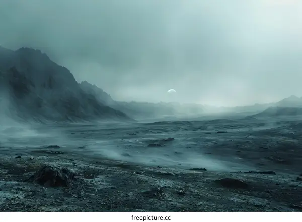 Barren alien planet landscape with distant moon