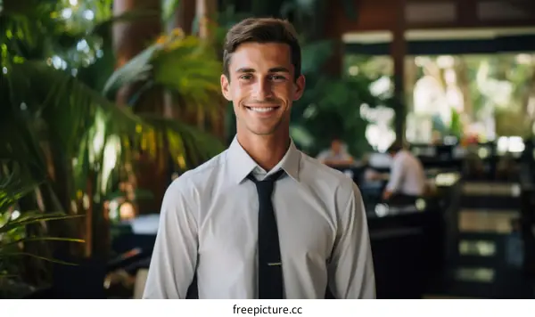 Portrait of a young businessman smiling in a tropical setting