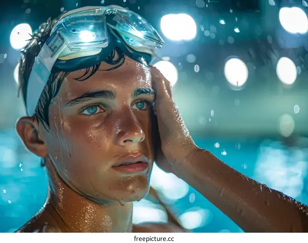 Young male swimmer in goggles and swim cap