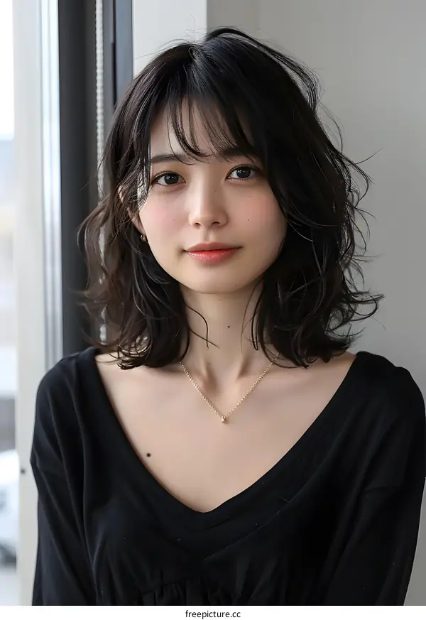 A young woman with short hair and a black shirt is smiling.