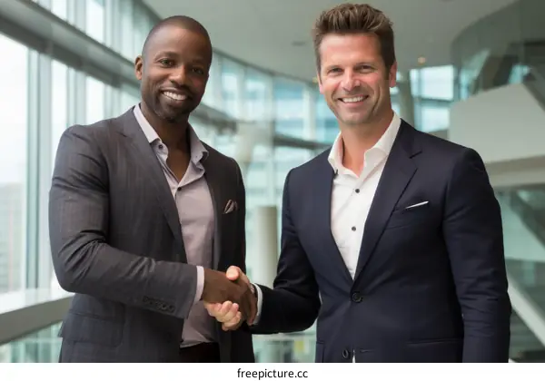 Two businessmen shaking hands in an office building