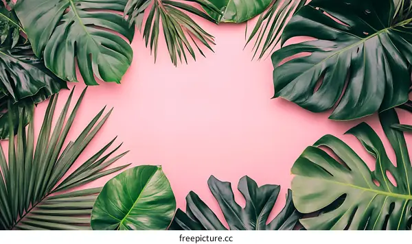 Tropical Leaves on Pink Background Frame