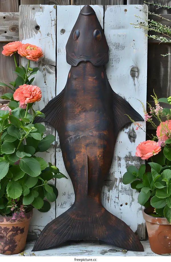 Wooden fish sculpture on white background
