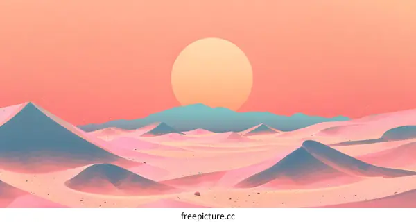 Abstract Minimalist Desert Landscape Illustration With Pink Sand Dunes and a Large Orange Sun