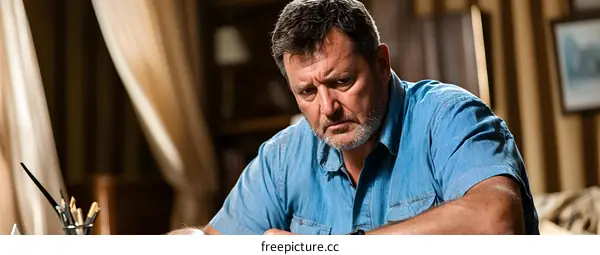 Man in Blue Shirt Looking Down with Serious Expression