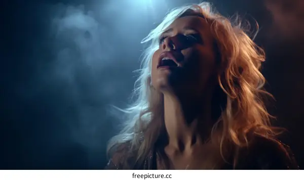 Portrait of a young blonde woman looking up with an open mouth