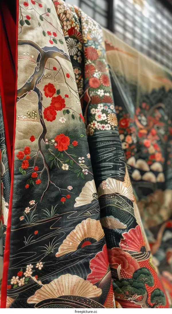 A kimono with a pattern of cherry blossoms and maple leaves