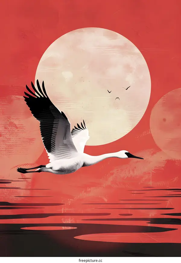 Flying Crane  Over Water And Moon Illustration