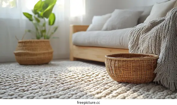 Cozy Living Room Decor with Woven Baskets and Rug